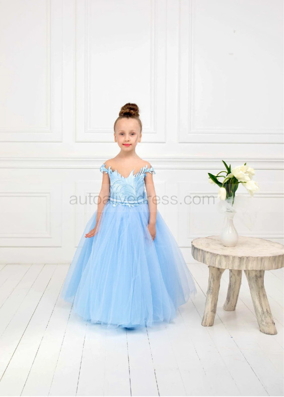 Cap Sleeves Blue Lace Tulle Floor Length Flower Girl Dress